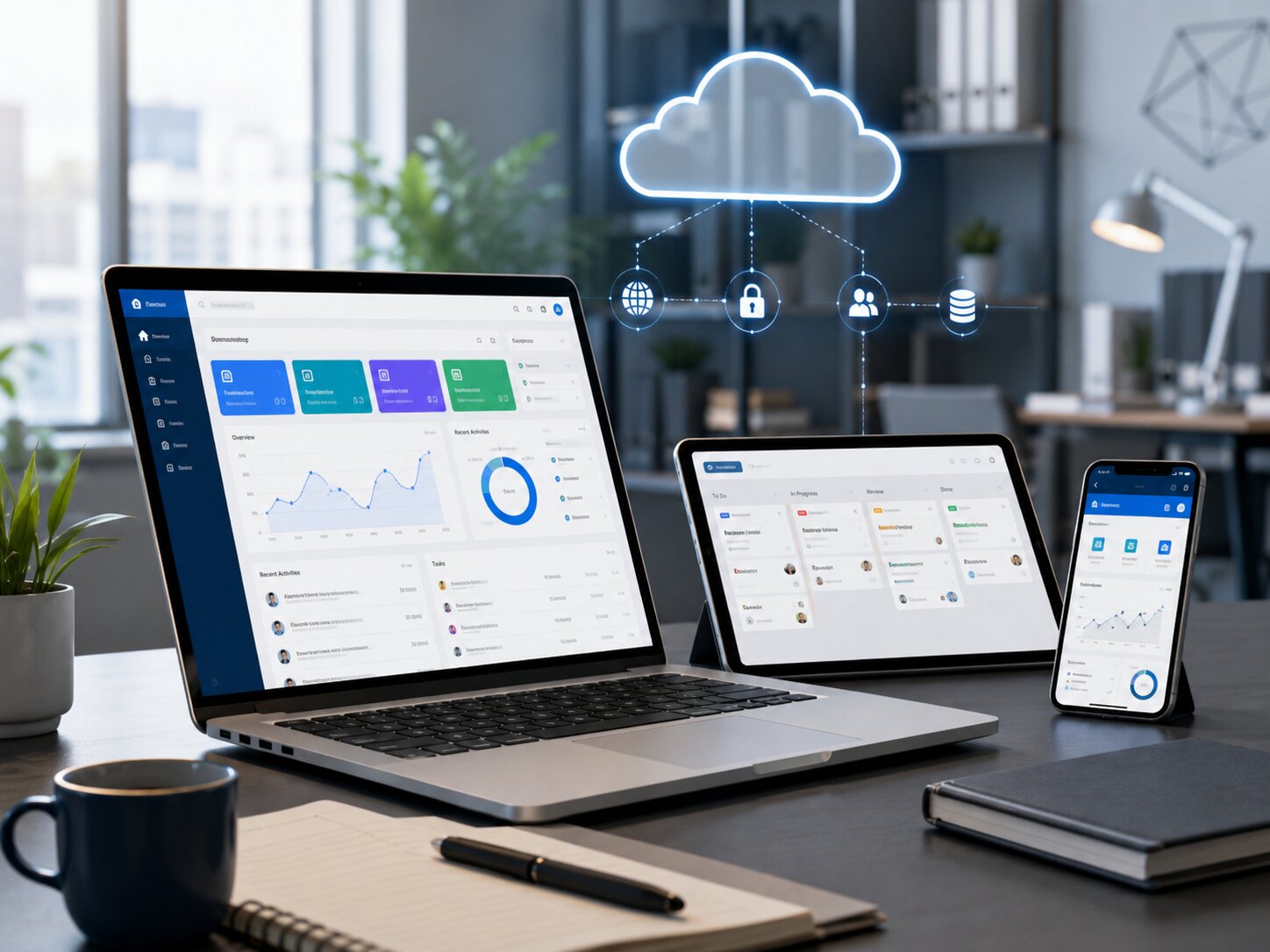 Professional web application development in Kochi showcasing a business dashboard for workflow automation and cloud-based collaboration.