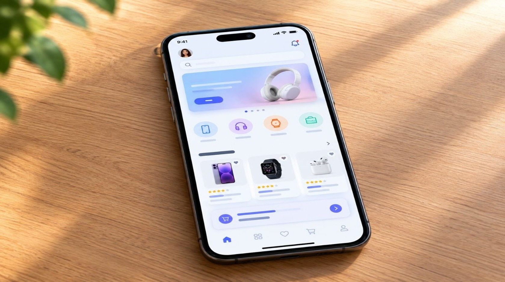 E-commerce mobile shopping app interface displayed on a smartphone, featuring product listings, headphones, smartwatch, smartphone, and shopping cart icons.