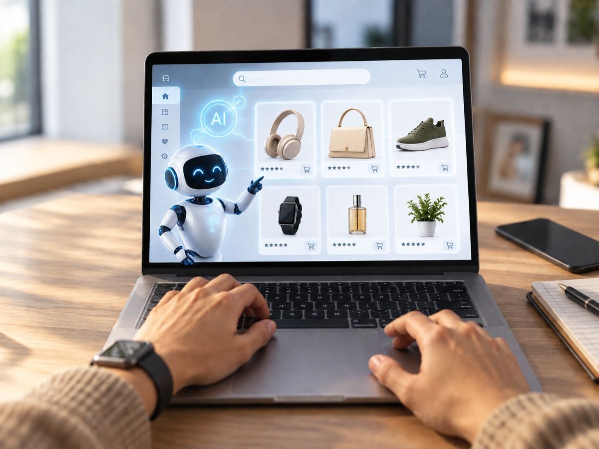 AI-powered e-commerce shopping interface displaying products on a laptop.