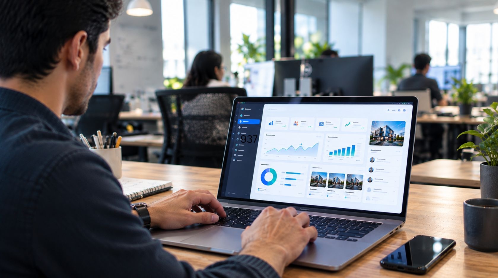 Men working on a laptop with a digital analytics dashboard in a modern office workspace