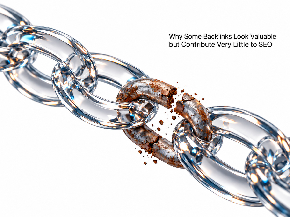 Broken metal chain representing backlinks that look valuable but provide limited SEO value