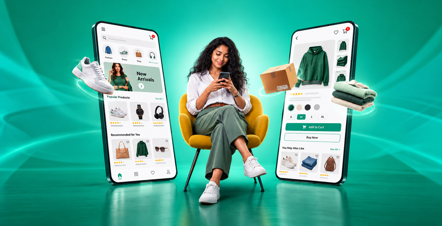 A woman shopping on her mobile beside e-commerce product pages with apparel, product listings, and checkout options.