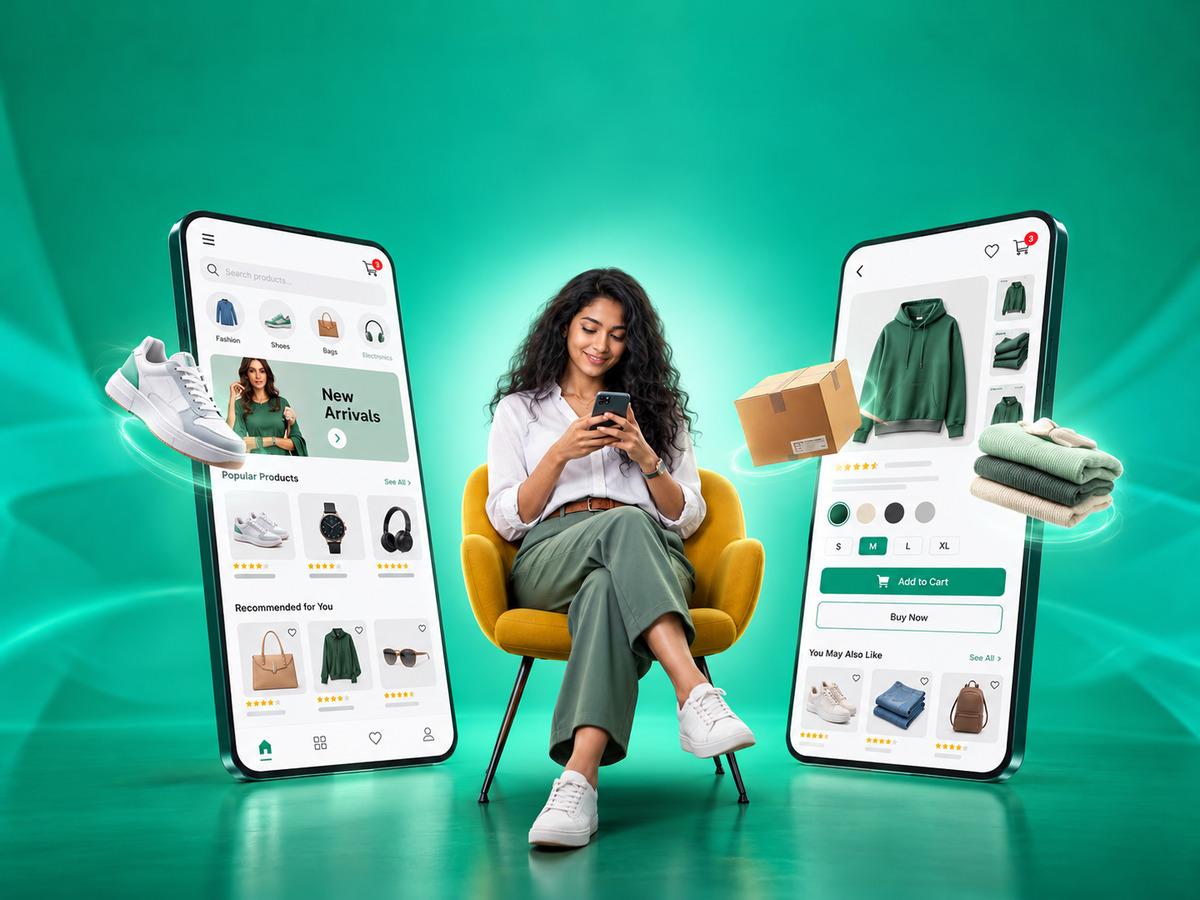 A woman shopping on her mobile beside e-commerce product pages with apparel, product listings, and checkout options.