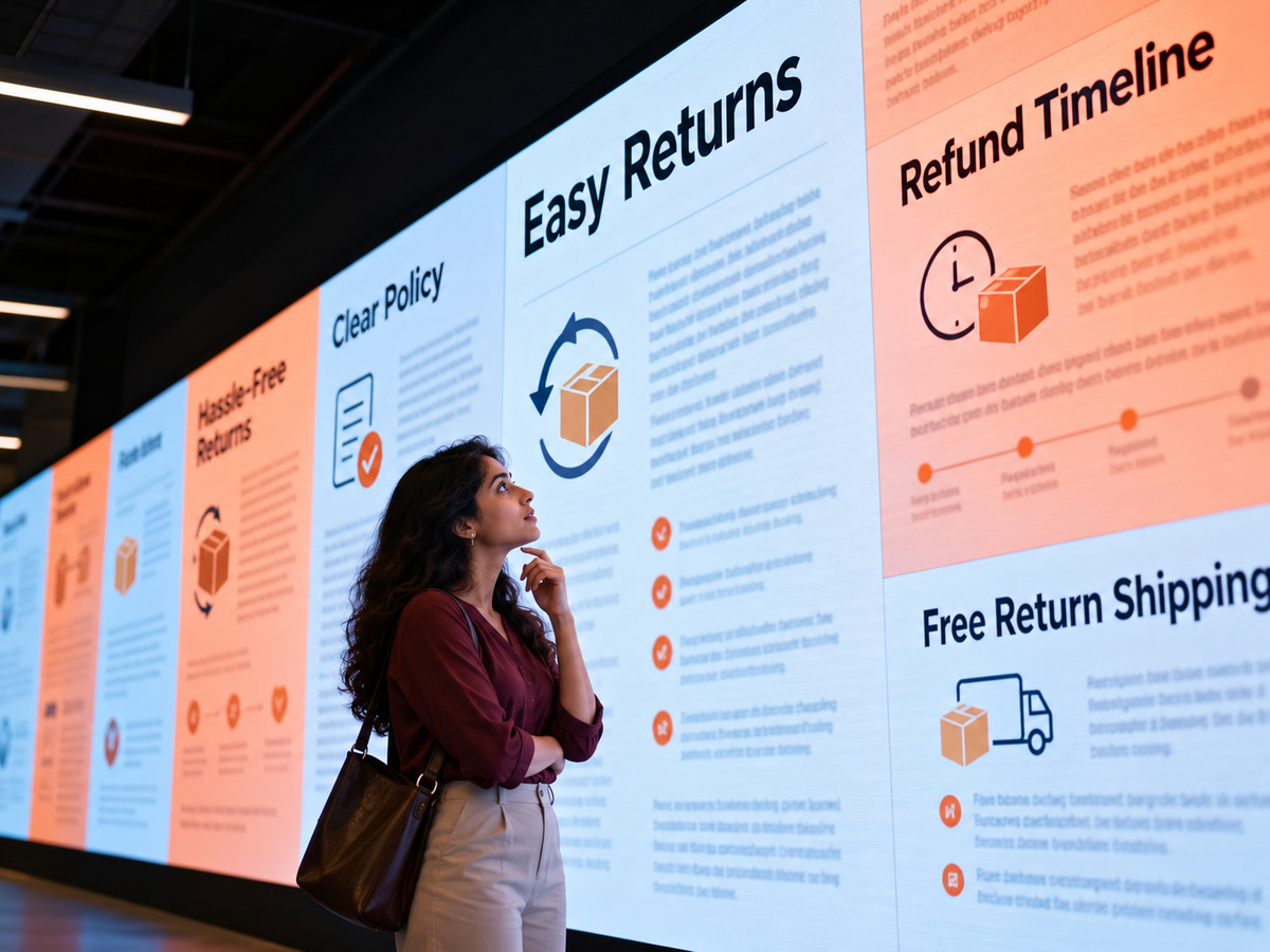 A customer reviewing an easy returns policy, refund timeline, and free return shipping information.