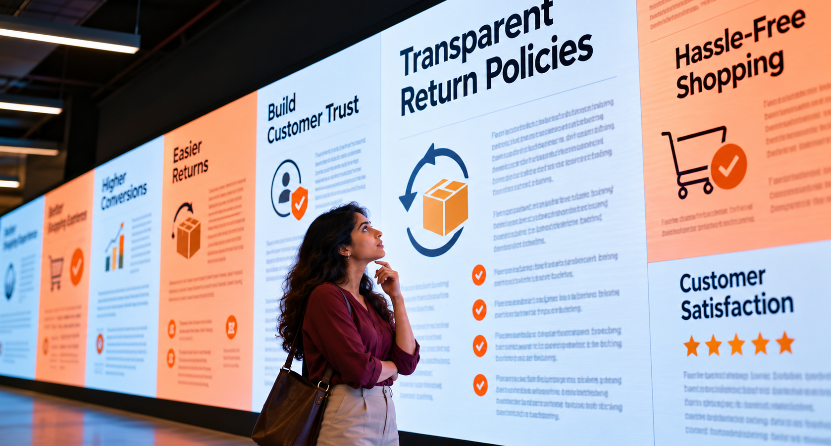 A customer reviewing an easy returns policy, refund timeline, and free return shipping information.