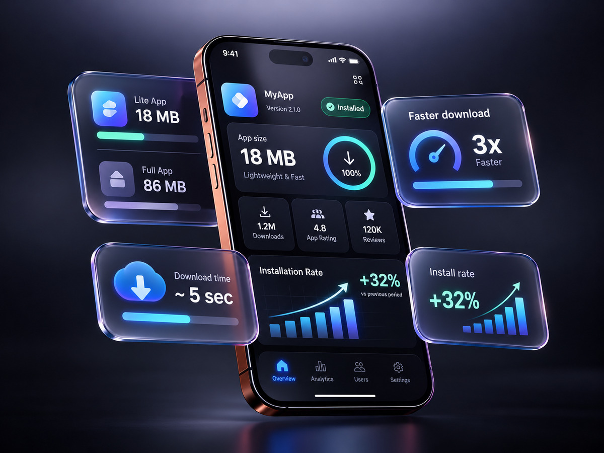 Mobile app size comparison showing an 18 MB lightweight app, faster downloads, and improved installation rates.