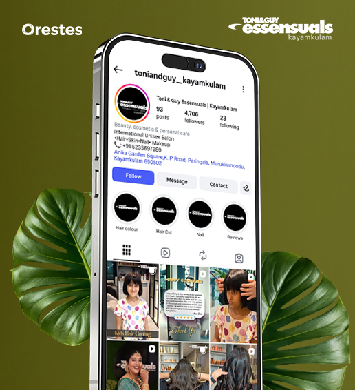 A high-end smartphone mockup displaying the Instagram profile of Toni & Guy Essensuals Kayamkulam against a forest green background with monstera leaves. The profile features salon services like hair, skin, nails, and makeup.