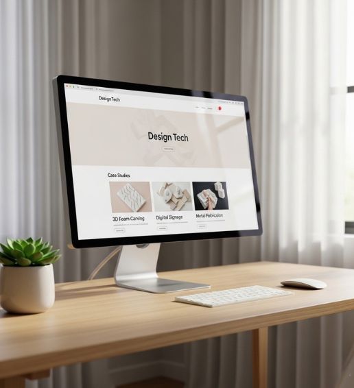 A sleek computer monitor on a light wood desk against a backdrop of soft white curtains. The screen showcases Design Tech "Case Studies" including 3D Foam Carving, Digital Signage, and Metal Fabrication.
