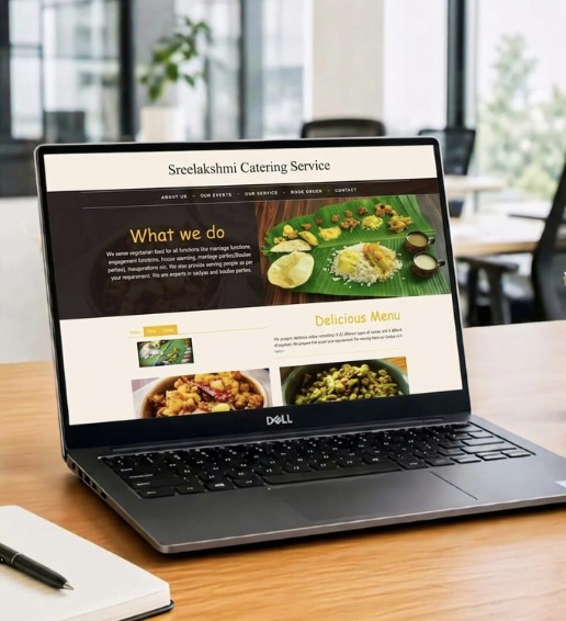 Laptop screen displaying the "What we do" and "Delicious Menu" sections of the Sreelakshmi Catering Service website, featuring an authentic Kerala Sadhya meal served on a banana leaf
