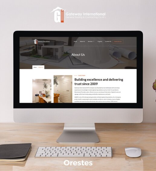 Full-length desktop website layout mockup featuring a clean corporate landing page with "About Us" and "Our Priorities" sections.