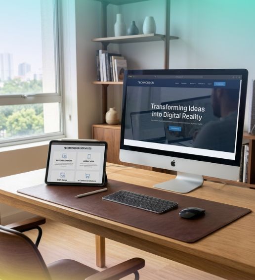 Desktop and tablet displaying a web design agency website with development and UI design services in Kerala