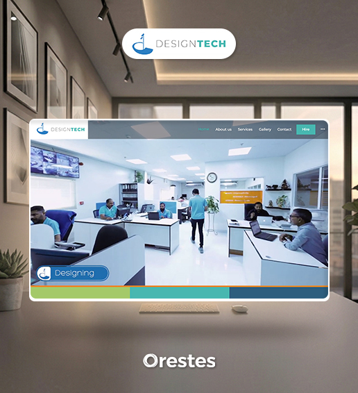 A desktop monitor mockup showing the "Designing" section of the DesignTech website. The image on the screen depicts a bright, modern open-plan office where several employees are working at white desks with computers.