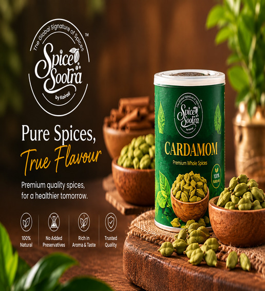 Premium cardamom spice product packaging with fresh cardamom pods and True Flavour branding