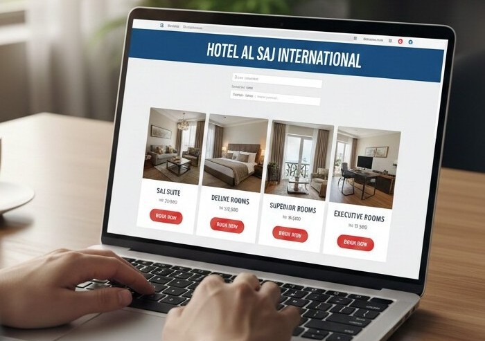 User browsing Hotel Saj International’s website on a laptop, viewing room categories and booking options in a modern workspace setting.