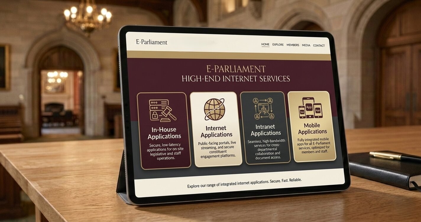 iPad displaying E-Parliament high-end internet services web application with four integrated modules developed in Kerala