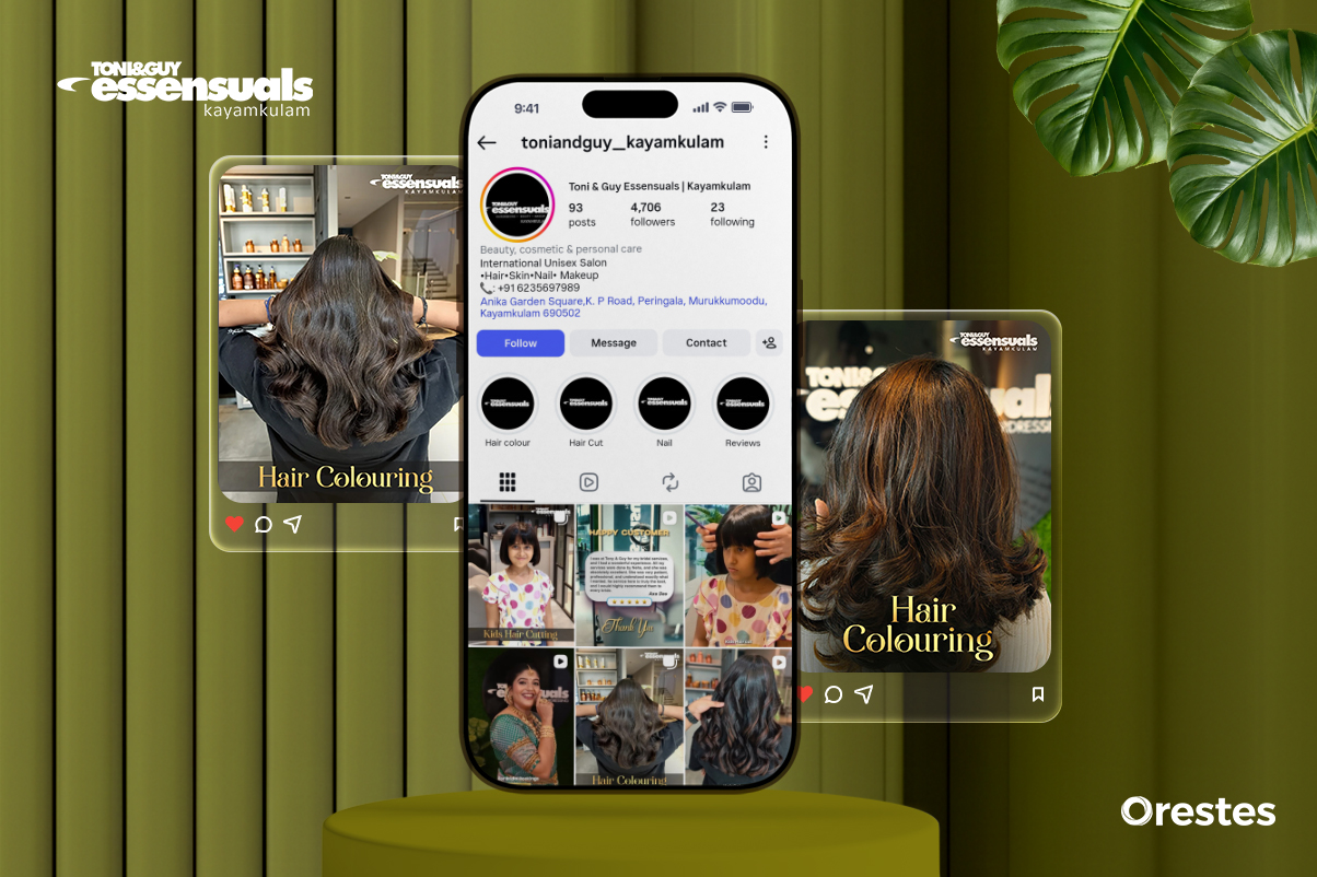 A smartphone mockup centered between two floating panels, all displaying professional hair colouring results with rich wavy textures and highlights at Toni & Guy Essensuals Kayamkulam.