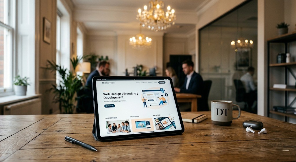A tablet propped up on a rustic wooden table in an elegant office with chandeliers. The screen shows the Design Tech website header: "Web Design | Branding | Development - Innovating Digital Experiences.