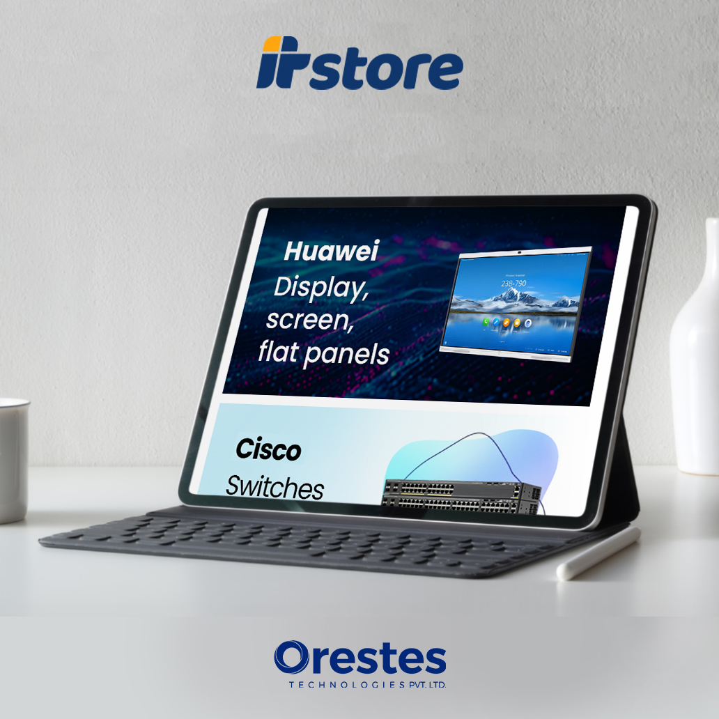 A high-resolution tablet mockup with a keyboard attachment displaying ITStore product categories for Huawei displays and Cisco switches.
