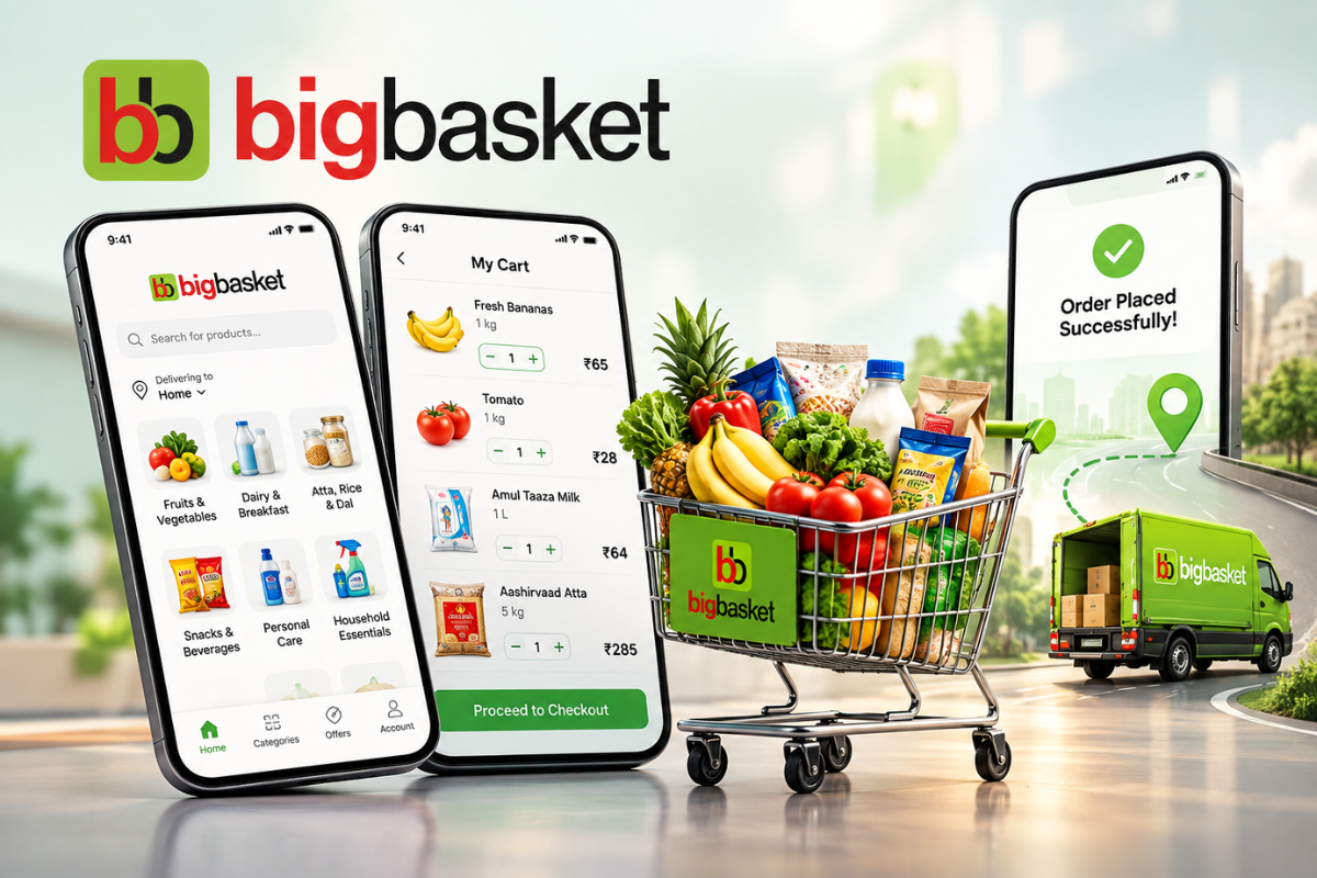 BigBasket grocery delivery app showing mobile shopping screens, a grocery cart filled with fresh products, and a delivery van completing an order.