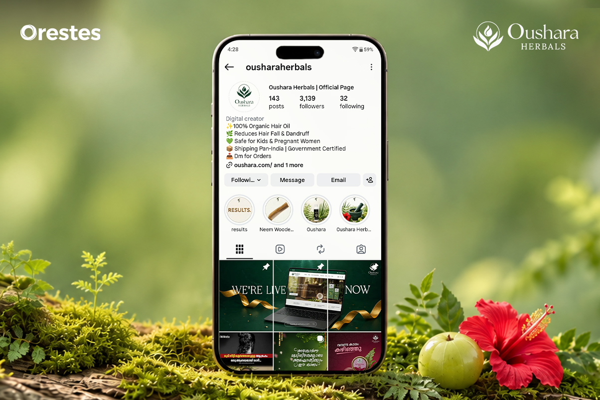 Oushara Herbals Kesha Amrit Hair Oil social media campaign displayed with a smartphone