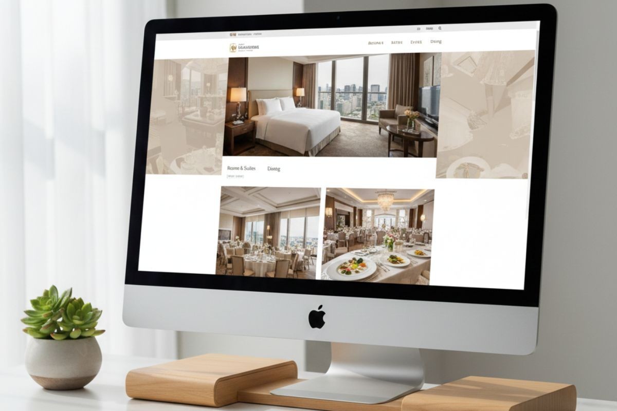 Hotel Saj International website displayed on a desktop computer, showcasing luxury rooms, dining areas, and banquet facilities in a clean, modern web layout.