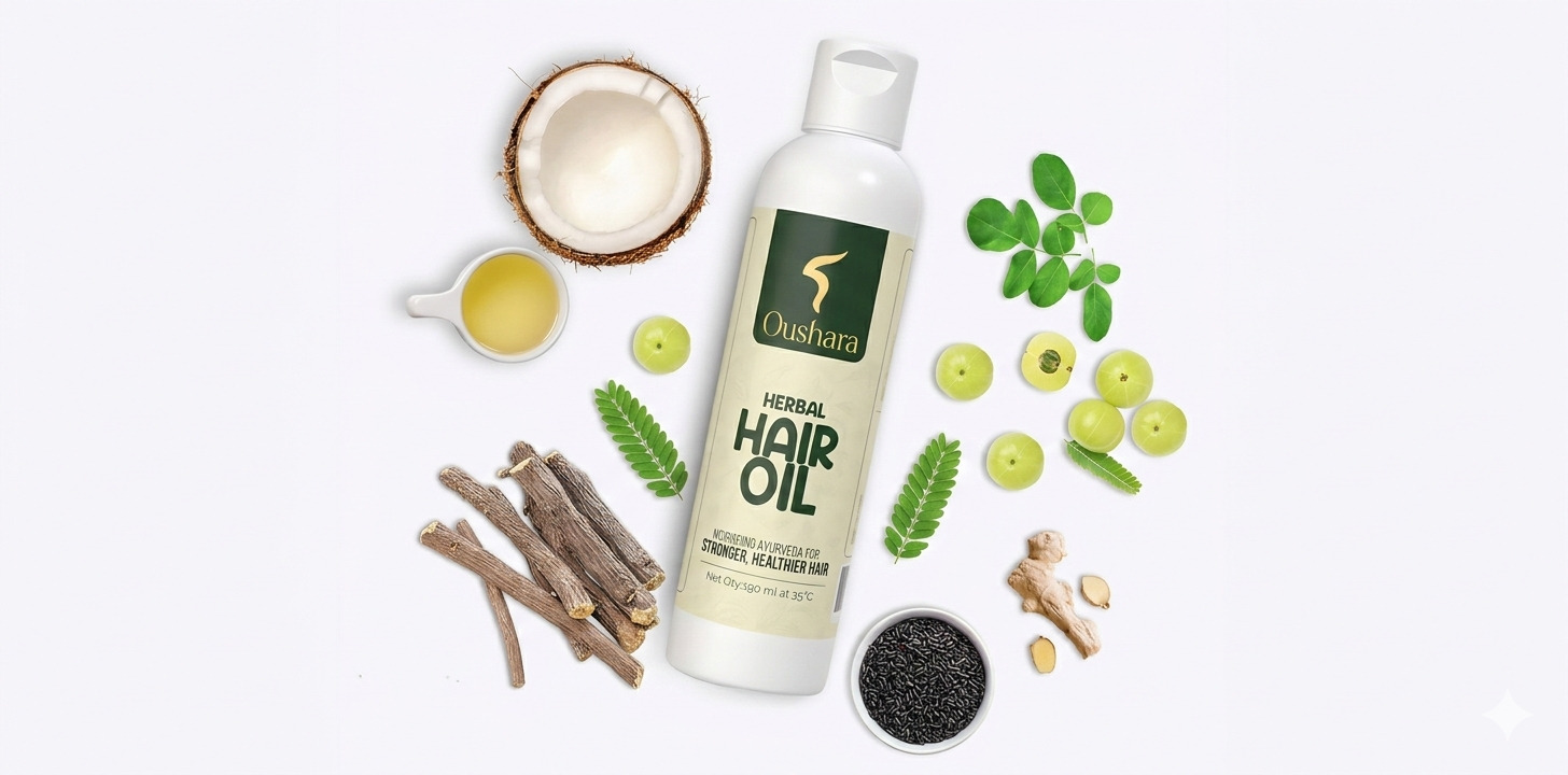 A top-down view of Oushara Herbal Hair Oil surrounded by its raw Ayurvedic ingredients, including coconut, Amla, licorice sticks, ginger, and herbal seeds on a clean white surface.