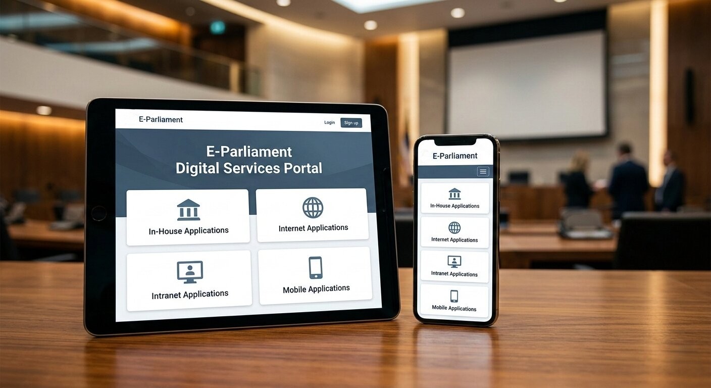 E-Parliament Digital Services Portal displaying legislative web app on tablet and mobile in parliament chamber