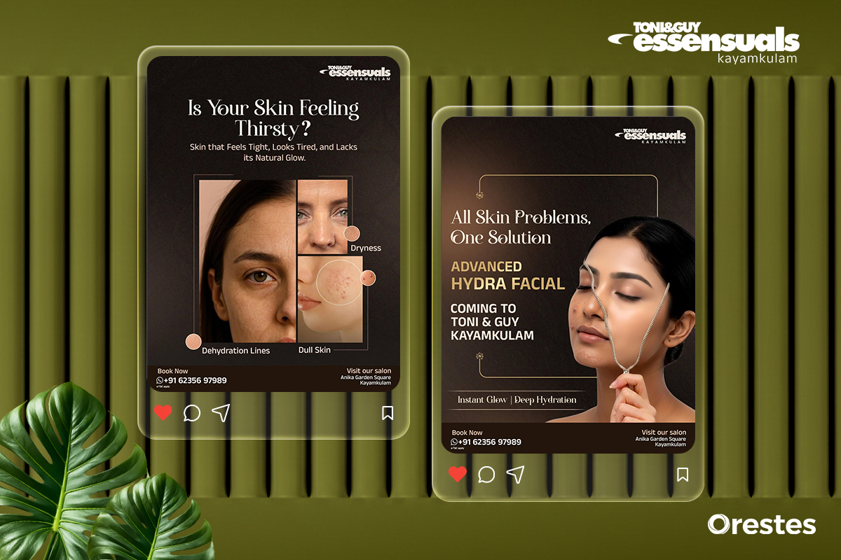 A skincare marketing graphic showing two glass-style panels. One panel highlights skin concerns like dehydration lines and dull skin; the second panel showcases the results of an Advanced Hydra Facial for instant glow and deep hydration.