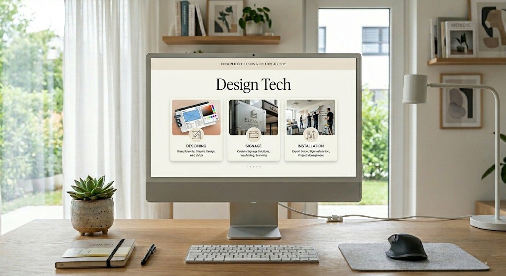 A large desktop monitor on a wooden desk in a bright room with a view of greenery outside. The screen displays the Design Tech "Design & Creative Agency" homepage with cards for Designing, Signage, and Installation.