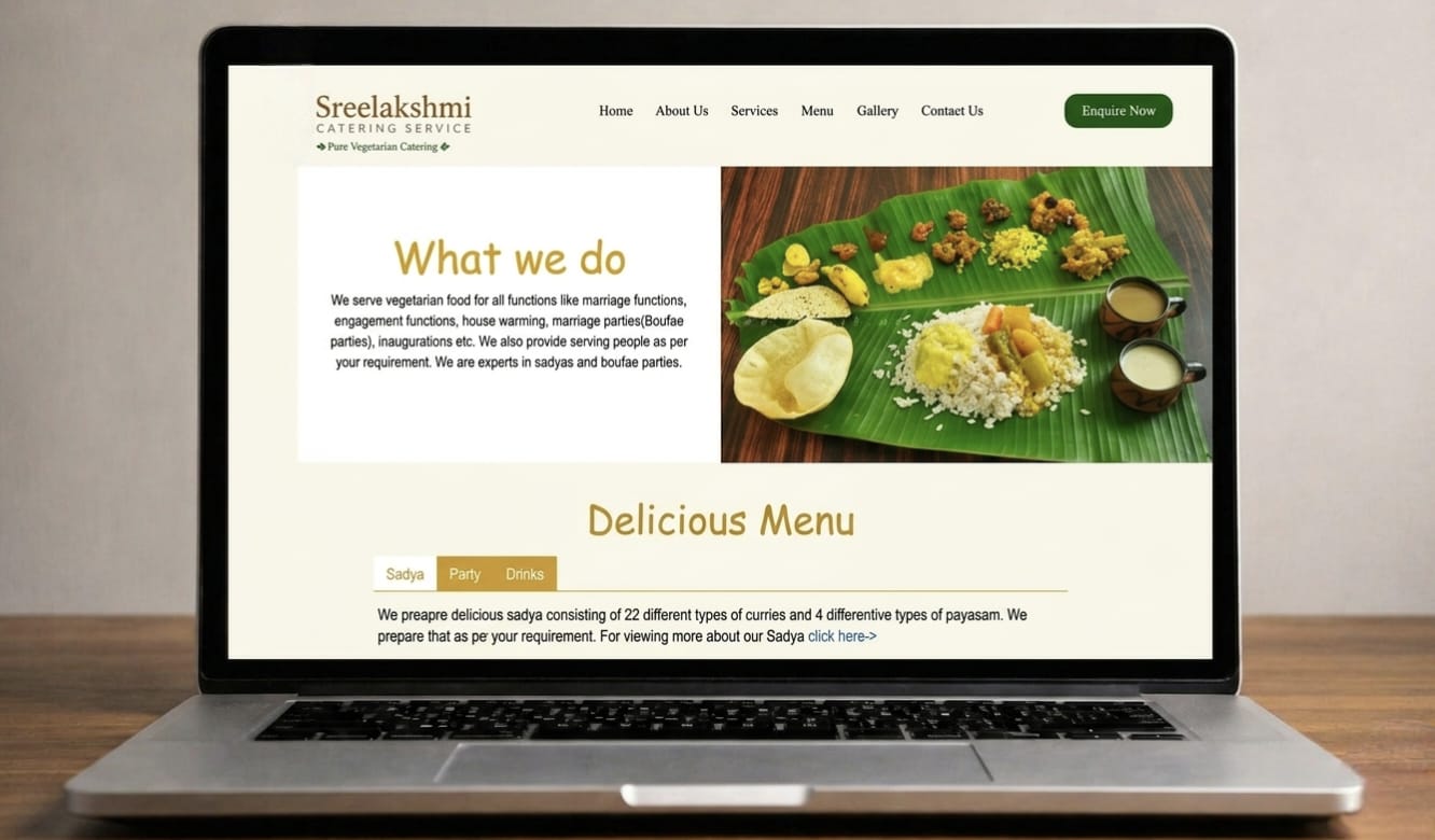 Laptop screen displaying the Sreelakshmi Catering Service website, showing service details for functions and an overview of their traditional Sadhya menu with 22 curries and 4 varieties of payasam.