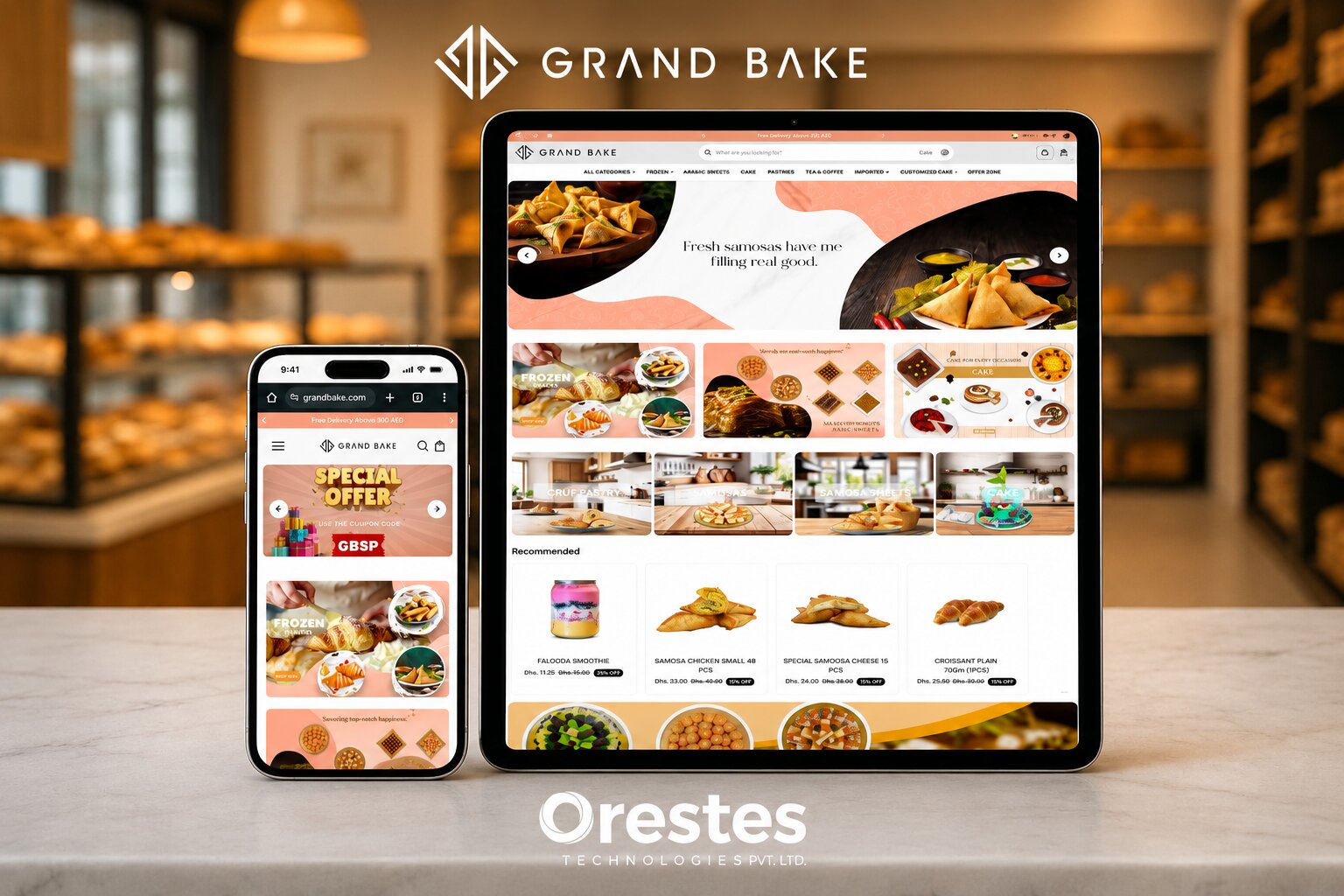 A responsive UI design mockup showcasing the Grand Bake e-commerce website on both a tablet and a smartphone, set against a warm, blurred bakery background with the Orestes Technologies Pvt. Ltd. logo at the bottom.