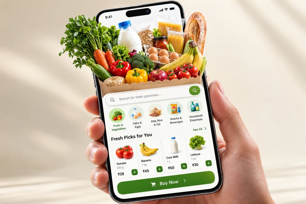 BigBasket grocery shopping mobile app displayed on a smartphone with fresh fruits, vegetables, dairy products, and household essentials