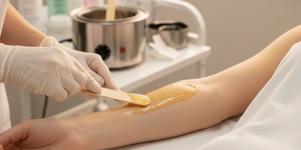 Professional arm waxing treatment using warm wax in a clean beauty salon environment