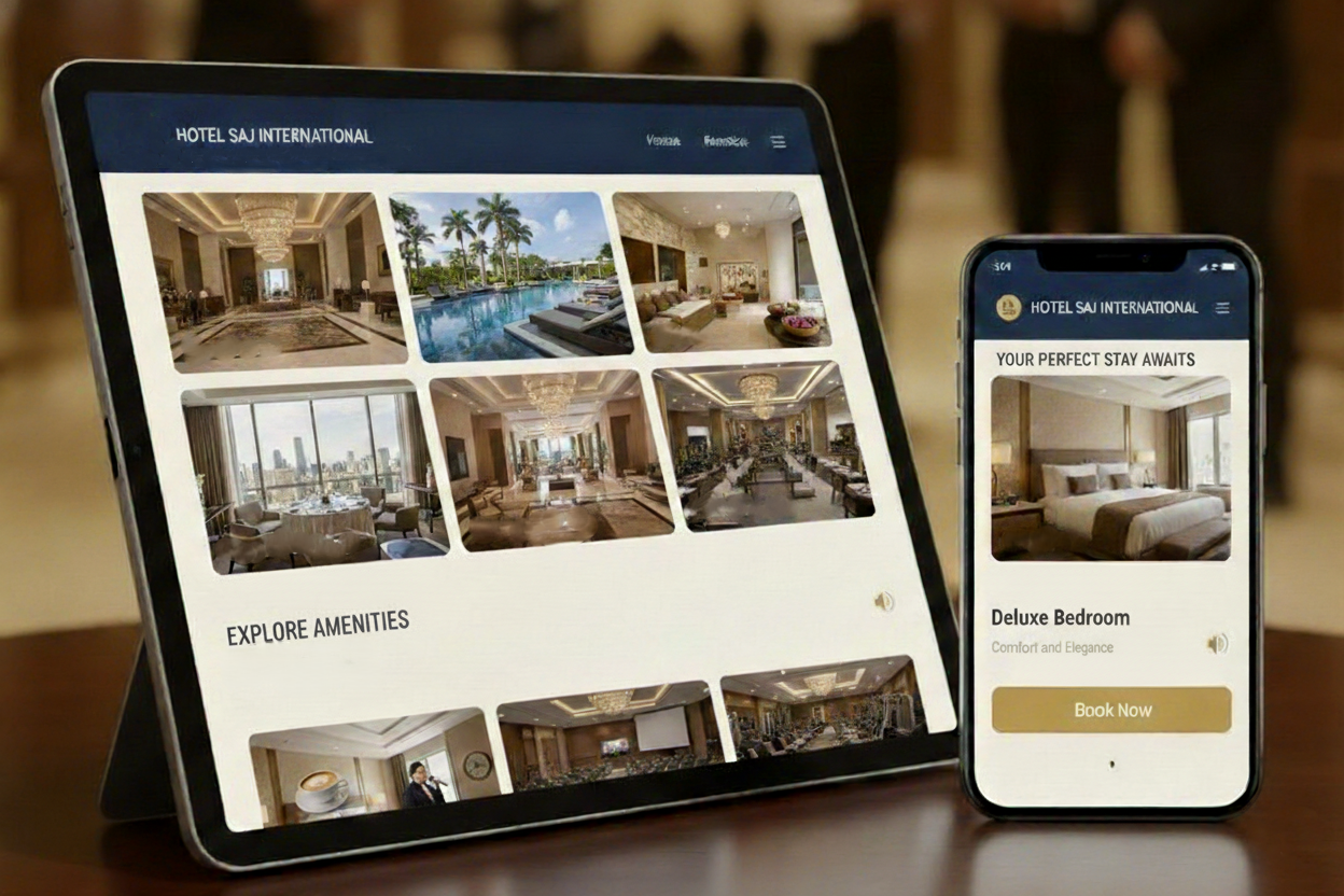 Responsive Hotel Saj International website displayed on a tablet and mobile phone, showcasing rooms, banquet halls, food court, and hotel services in a premium hospitality setting.
