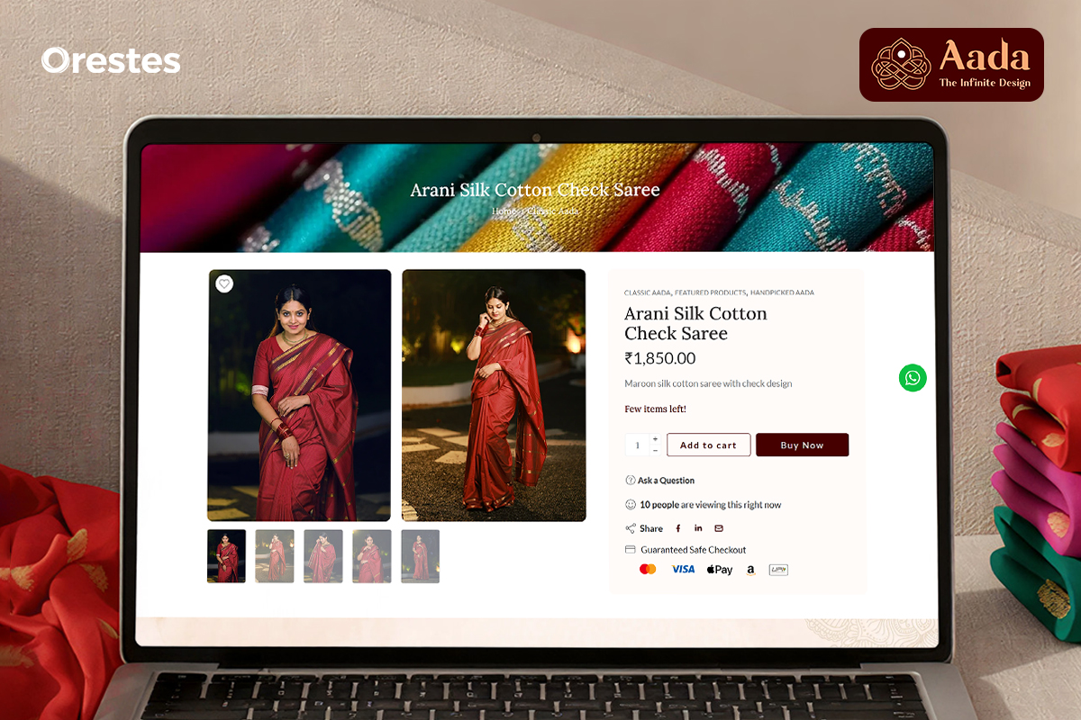 A premium laptop mockup showcasing Aada’s saree product detail page, highlighting elegant imagery, pricing, and a refined shopping experience designed for seamless online purchases.