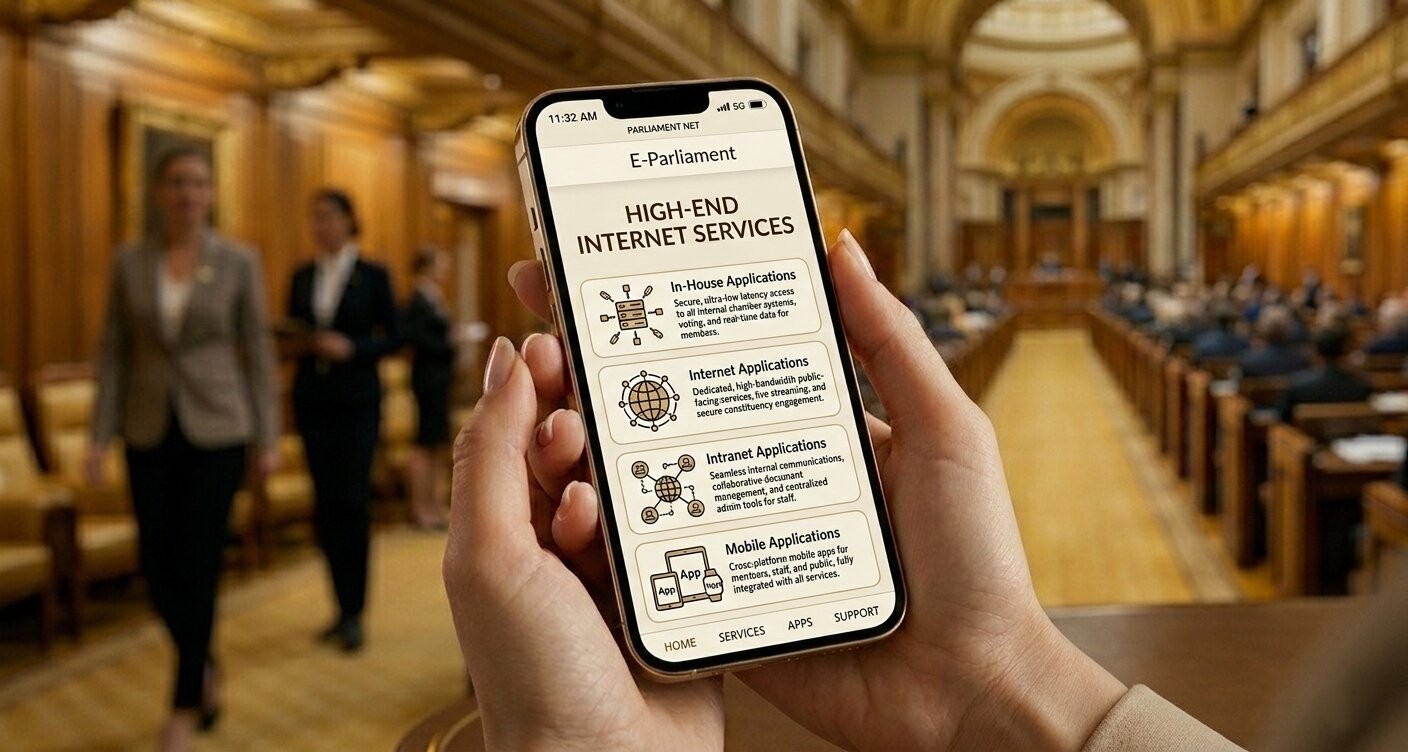 Woman holding smartphone displaying E-Parliament mobile web application with internet services built by Kerala developers