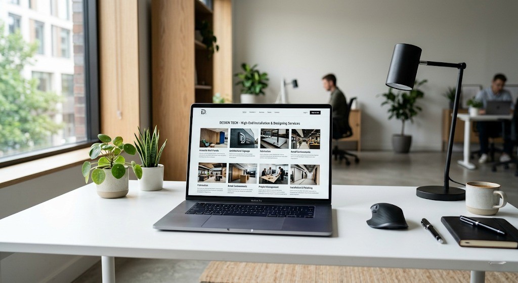 A silver laptop on a white desk in a minimalist, sunlit office. The screen shows the Design Tech portfolio page with a grid of project photos, including architectural signage and retail environments.