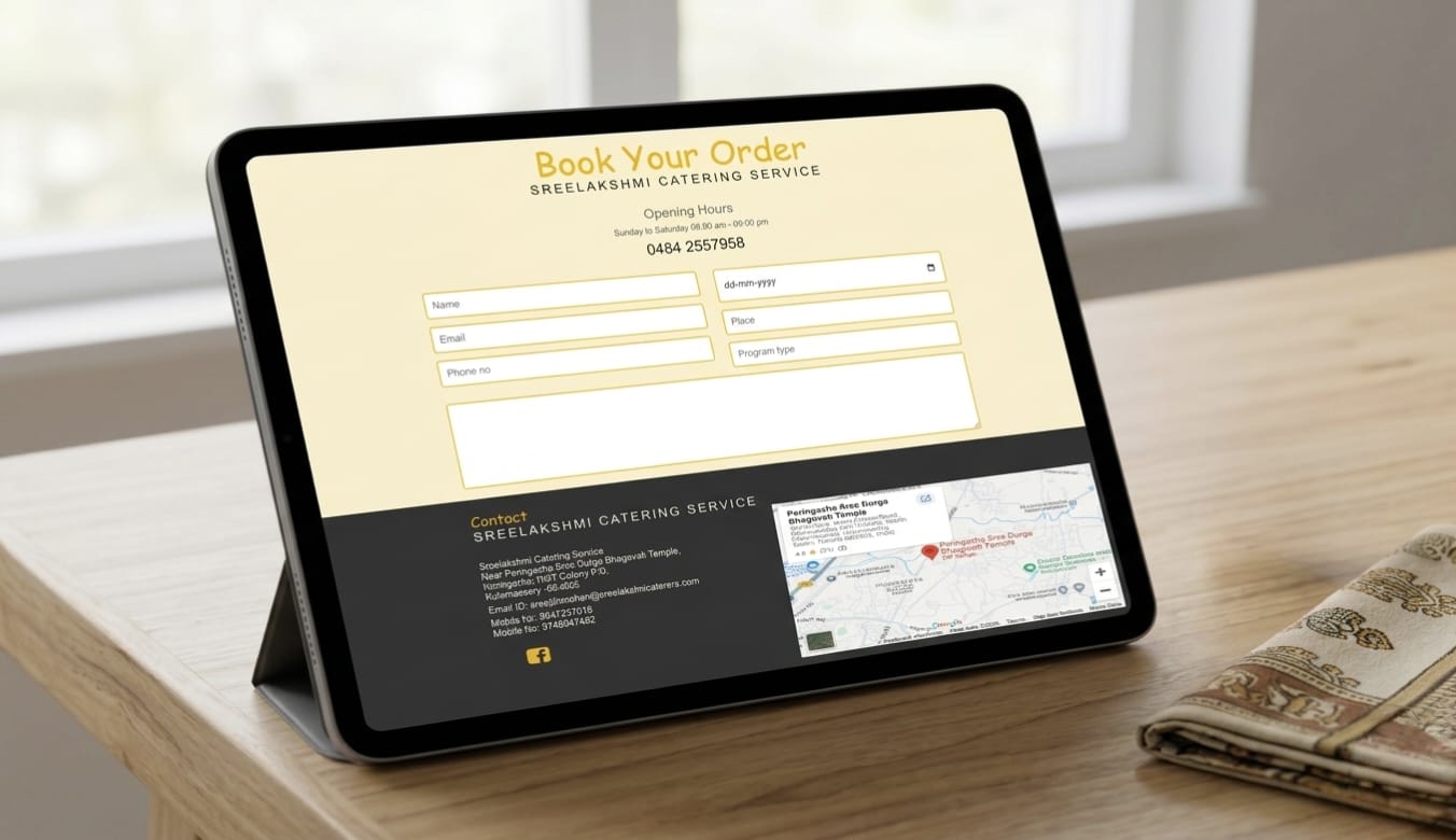 Tablet device displaying the "Book Your Order" page for Sreelakshmi Catering Service, featuring a contact form, business hours, and location details including a map and contact information.