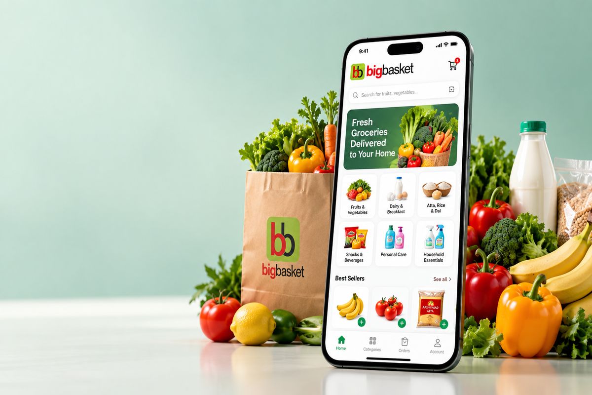 BigBasket grocery shopping mobile app displayed on a smartphone with fresh fruits, vegetables, household essentials, and a grocery delivery bag