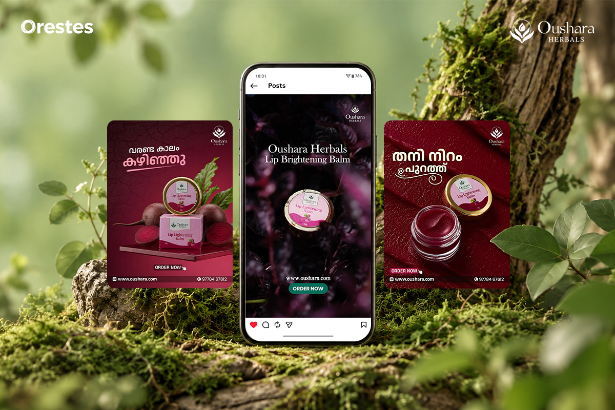 Oushara Herbals hair oil promotional designs featuring herbal ingredients and traditional hair care