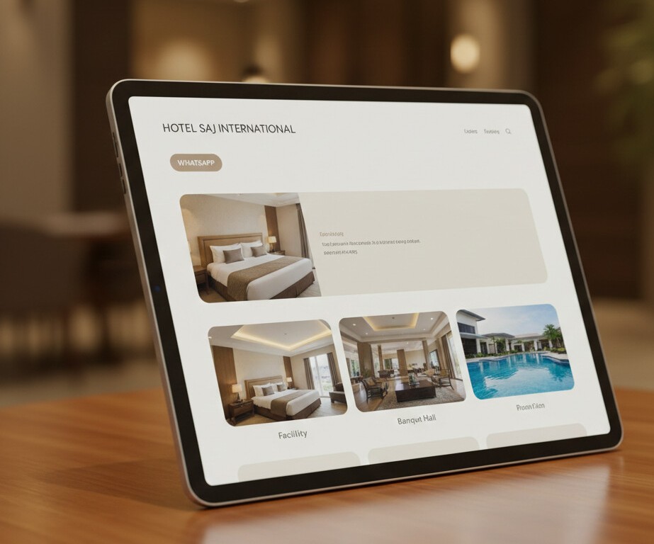 Hotel Saj International website displayed on a tablet, highlighting room details, banquet hall, and pool facilities in a modern hospitality interface.
