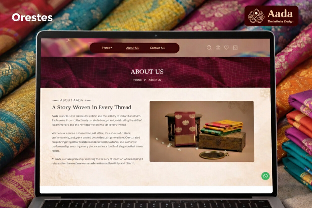 A laptop screen presenting Aada’s “About Us” page, narrating the brand’s story through heritage-inspired visuals, elegant typography, and a warm, storytelling-driven layout.