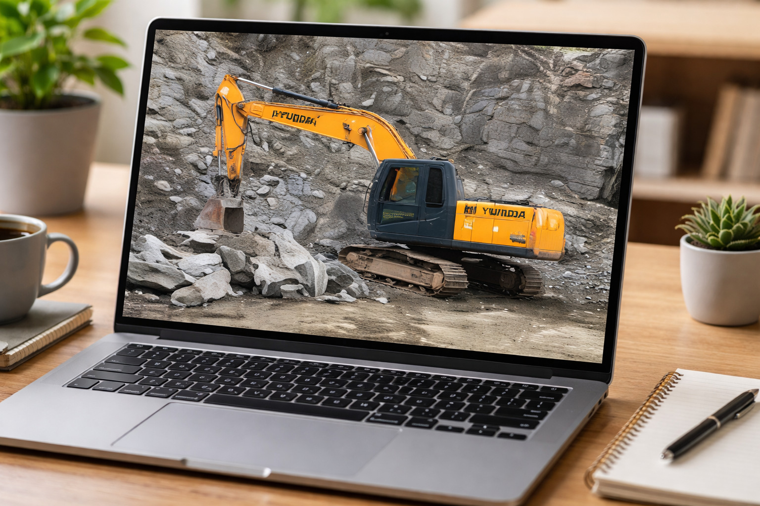 Excavator extracting granite stone blocks at Pynadath Granites quarry