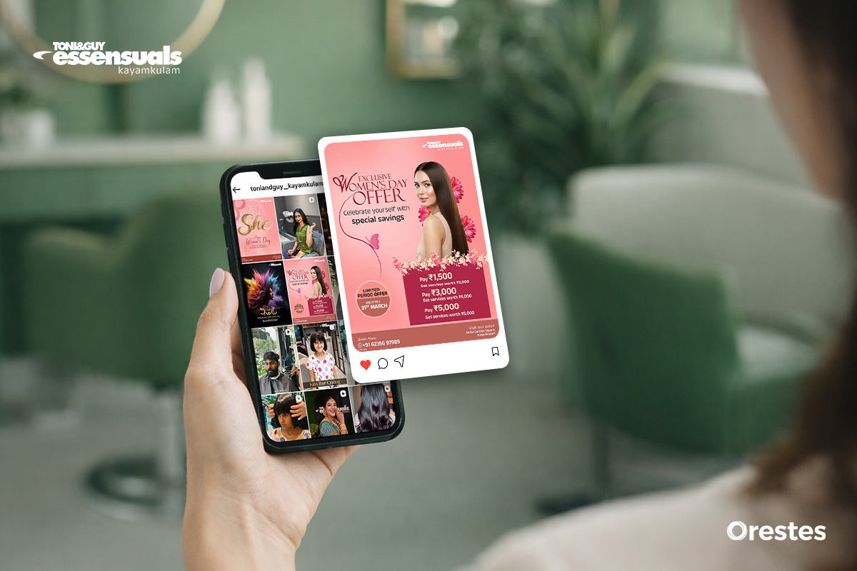 A person holding a smartphone showing an Instagram feed with a pop-up graphic for a Women's Day special offer. The graphic lists tiered savings on salon services at Toni & Guy Essensuals.