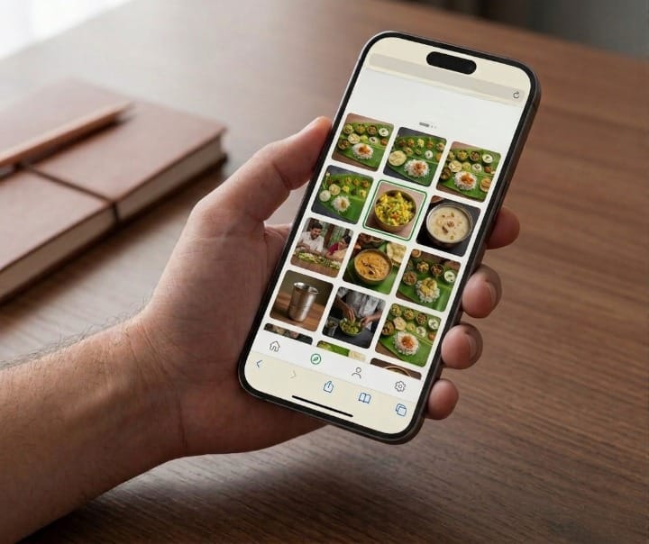 A hand holding a smartphone displaying an image gallery grid of various Kerala catering dishes and traditional Sadhya preparations on a wooden desk.