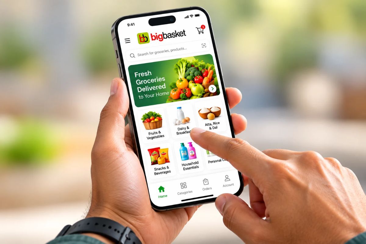 BigBasket grocery shopping app displayed on a smartphone while a user browses fresh groceries and product categories
