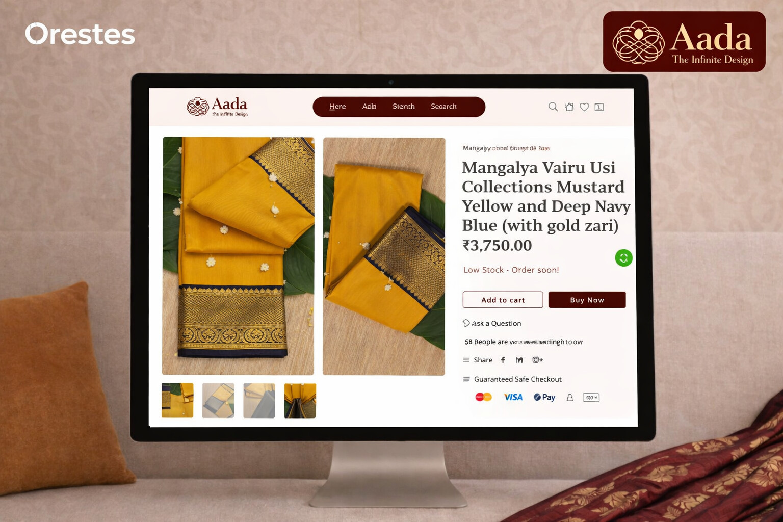 A refined desktop product page showcasing a mustard yellow saree with detailed visuals, pricing, and purchase options, reflecting Aada’s focus on clarity and premium presentation.