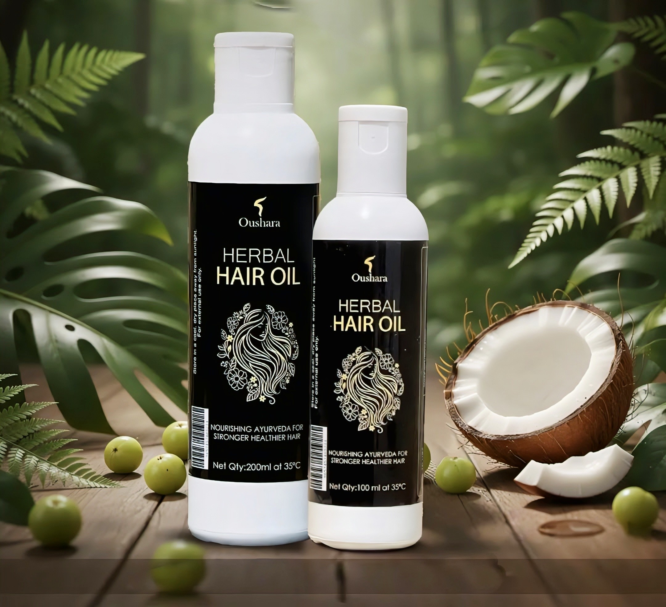 Two white bottles of Oushara Herbal Hair Oil, in 100ml and 200ml sizes, displayed in a lush forest setting with a sliced coconut and fresh Amla (Indian gooseberries) in the foreground.