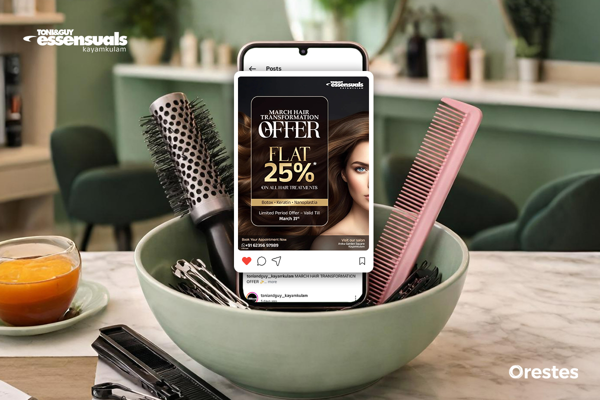 A salon-themed flat lay featuring a smartphone displaying a "Flat 25% Off" offer on hair treatments like Botox, Keratin, and Nanoplastia. The phone is placed in a ceramic bowl with professional hairbrushes and combs.