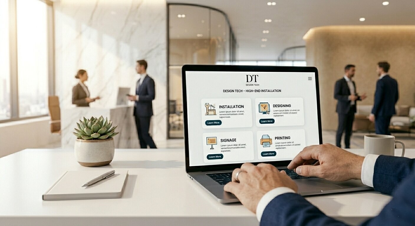 A first-person view of hands typing on a laptop in a bright, modern corporate lobby. The screen displays the "Design Tech" website featuring service categories: Installation, Designing, Signage, and Printing.